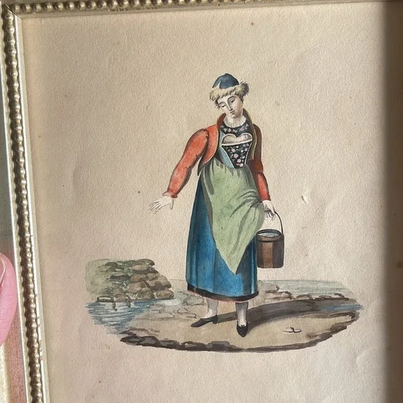 Antique 1800s French watercolor illustration framed